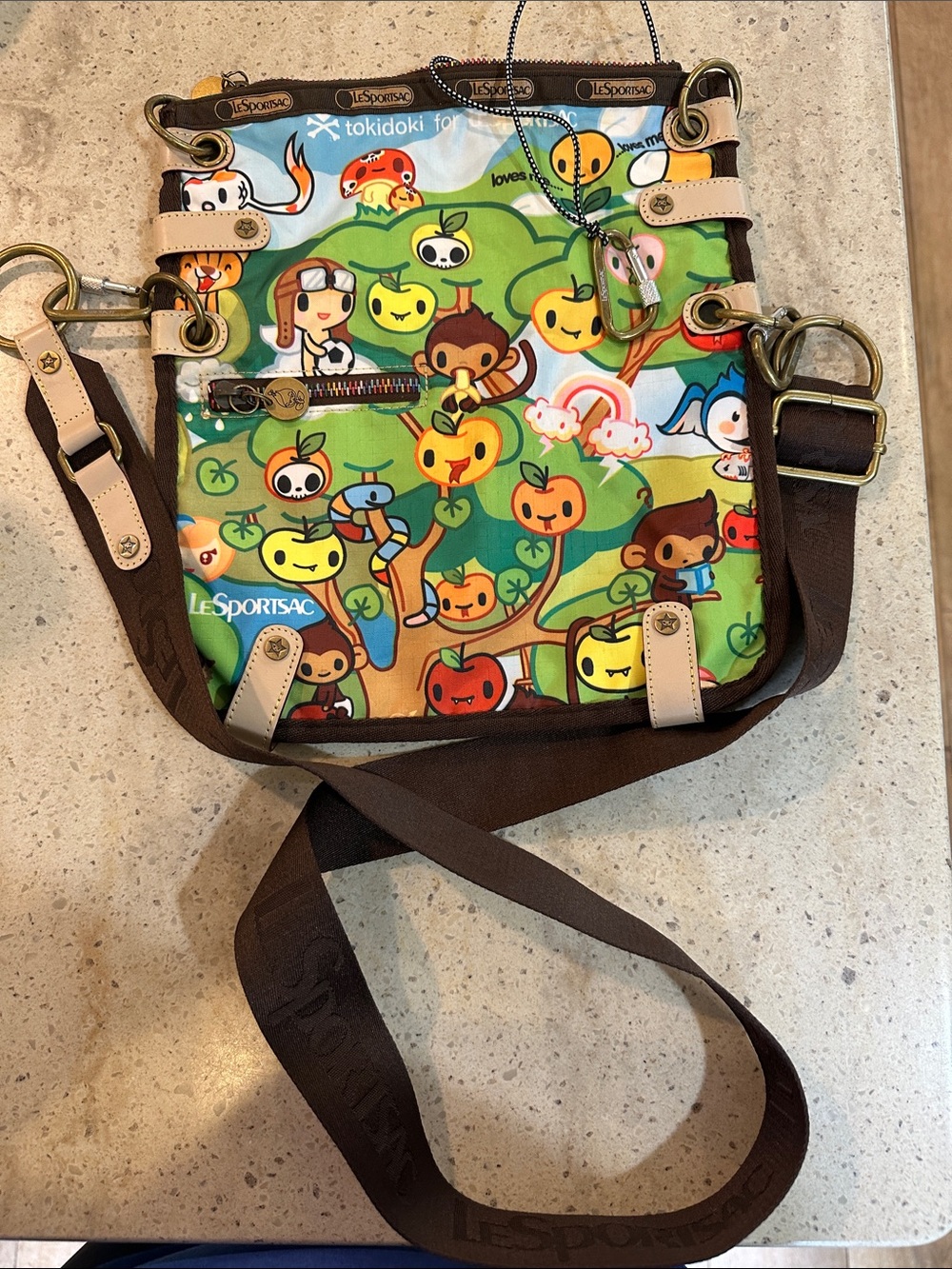 LeSportsac Brown Strap Tokidoki Green Cartoon Crossbody Bag